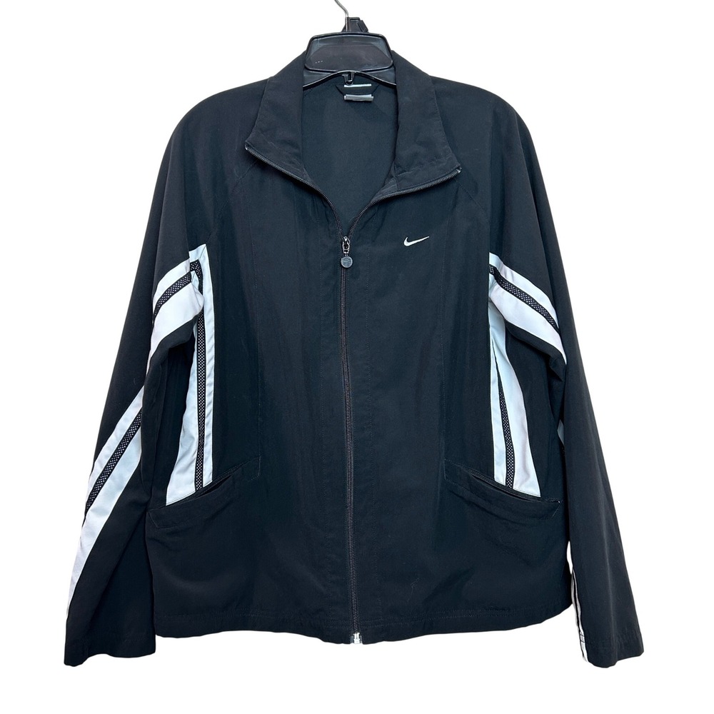 Nike Track Jacket Womens L Black White Mesh Stripe Full Zip Sporty Activewear